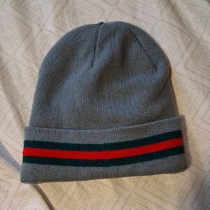 Men's Grey Knit Beanie with Green and Red Stripe